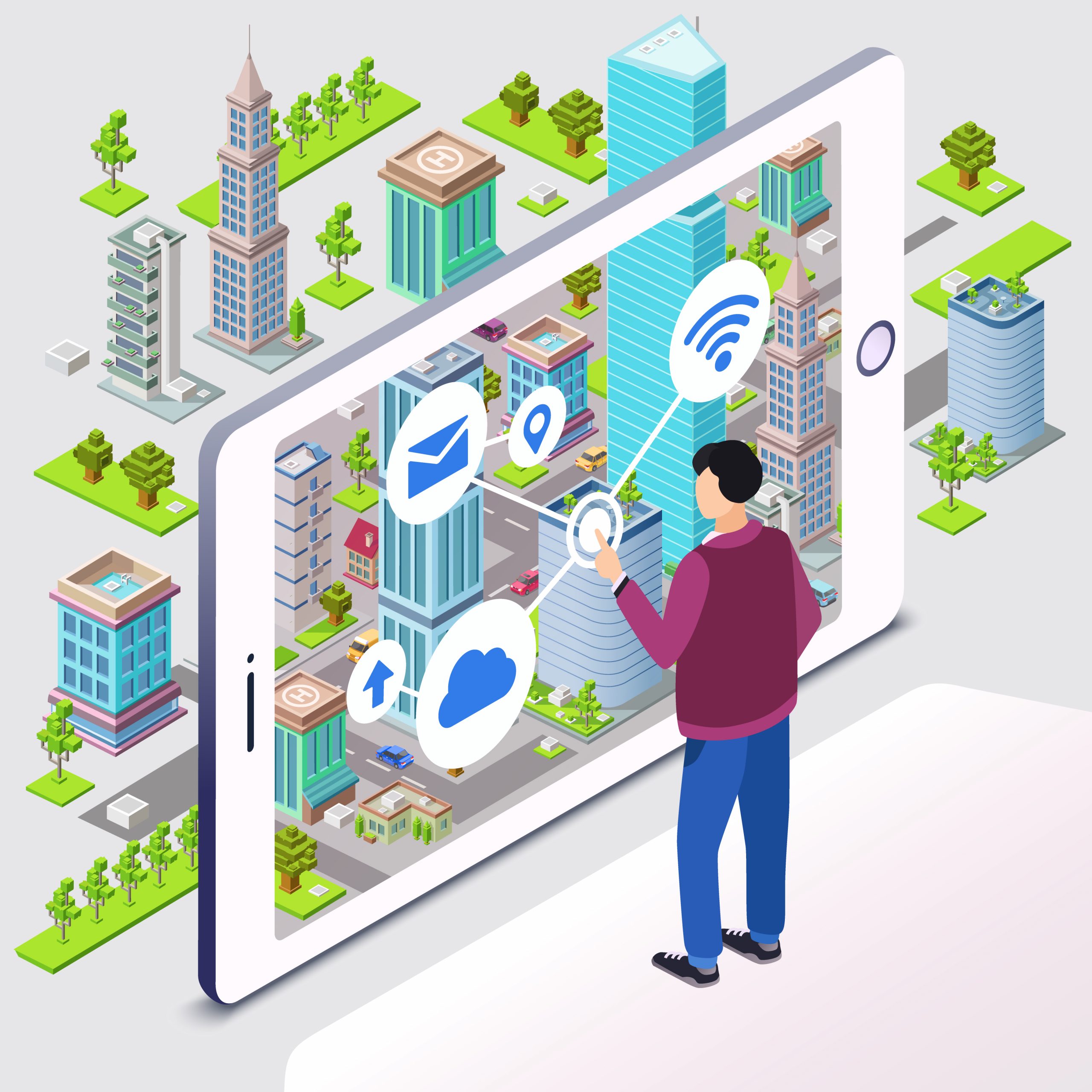 Smart city vector illustration. Man user and smartphone withresidential smart city infrastructure with internet cloud connection and technology communication. Isometric cartoon flat design